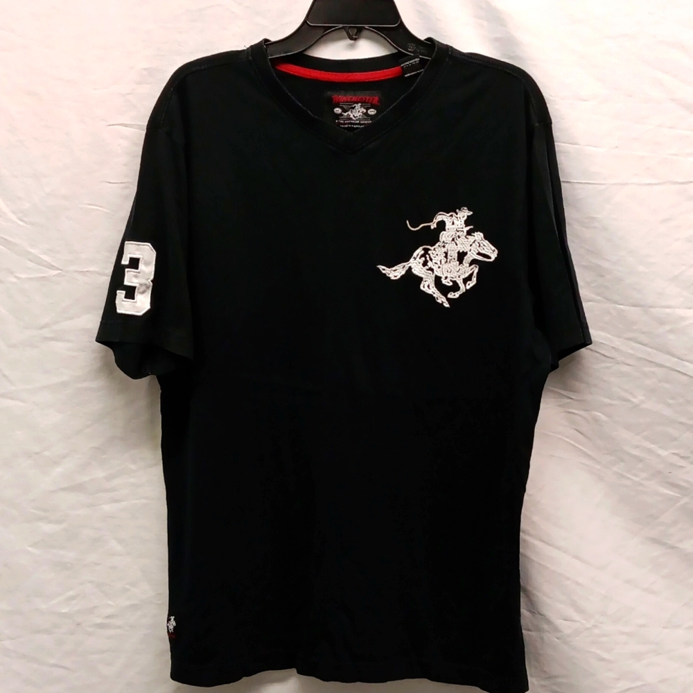 Winchester V Neck Embroidered Horse Thick Tee Shirt XL